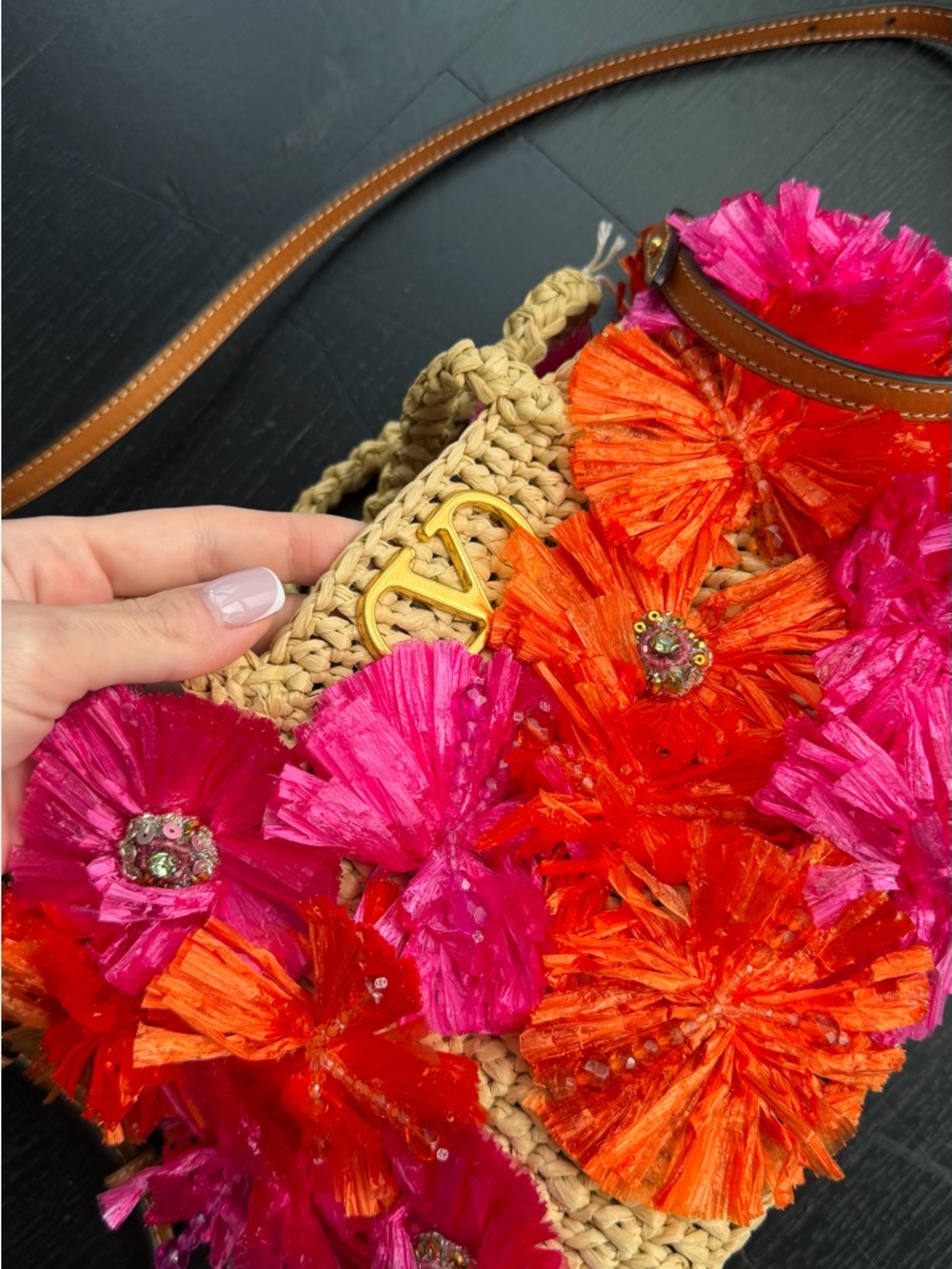Valentino Garavani Raffia shopping Tote bagwith Pink and Orange Floral summer - Picture 6 of 9